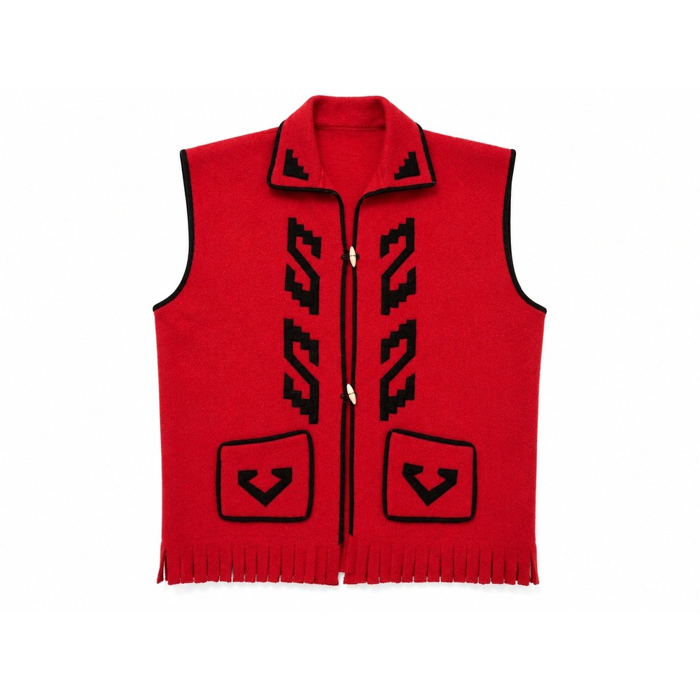 Vintage Native American Style Red Wool Vest Southwestern Fringe Toggle Sz Small